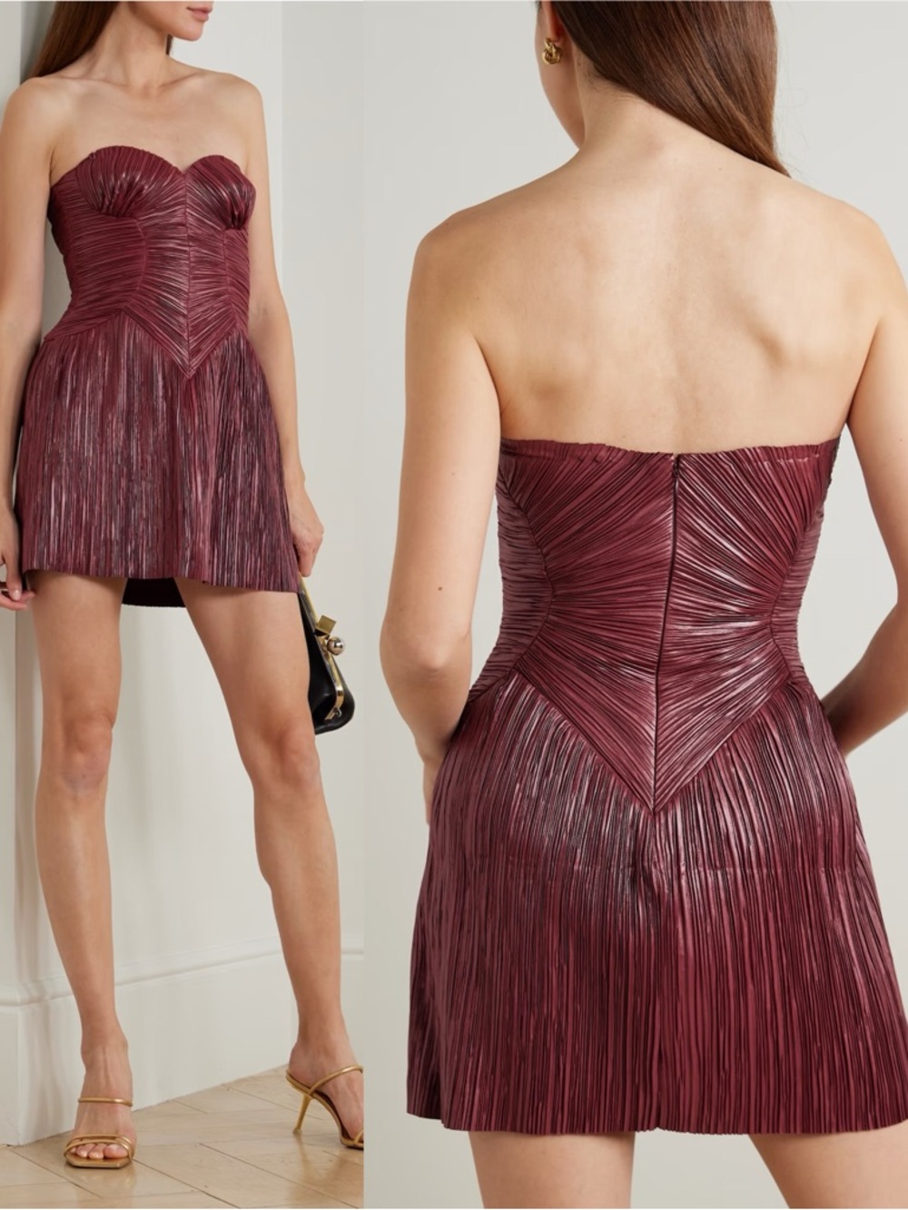 Cult Gaia Nella Plisse Pleated Strapless Mini Dress Chianti Burgundy Red